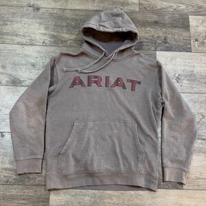 Ariat Hoodie Gray with Maroon Spell Out Kangaroo Pocket - Men's Size Medium